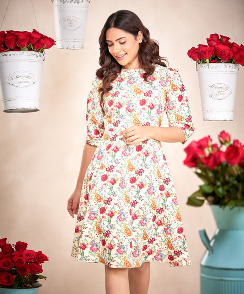 Puffed Sleeve Skater Cream Printed Dress